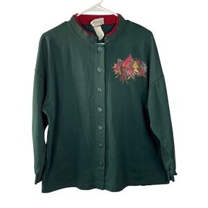 Morning Sun Petite Green Cardinal Bird Button Front Sweatshirt Jacket Holiday L